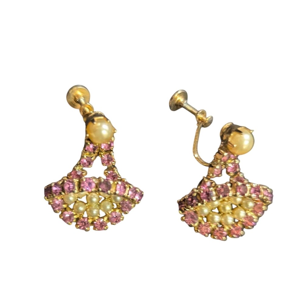 Vintage Screw‎ Back Earrings With Pink & Cream Rhinestones Estate Dangle